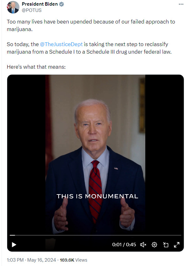 Justice Department is taking the next step to reclassify marijuana from a Schedule I to a Schedule III drug under federal law.