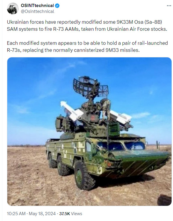 Ukrainians have reportedly modified some 9K33M SAM systems to fire R-73 AAMs taken from Ukrainian Air Force stocks.