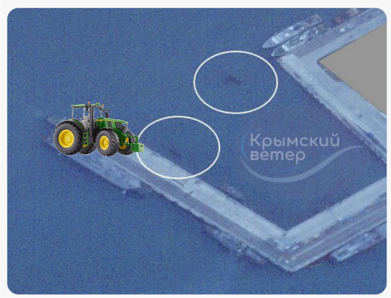 Russian subs are in port, but partially submerged (hiding) and there's a Ukrainian tractor nearby.