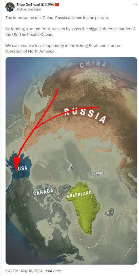 Some idiot saying China and Russia can form a united front and invade Alaska, then liberate the USA and Canada.