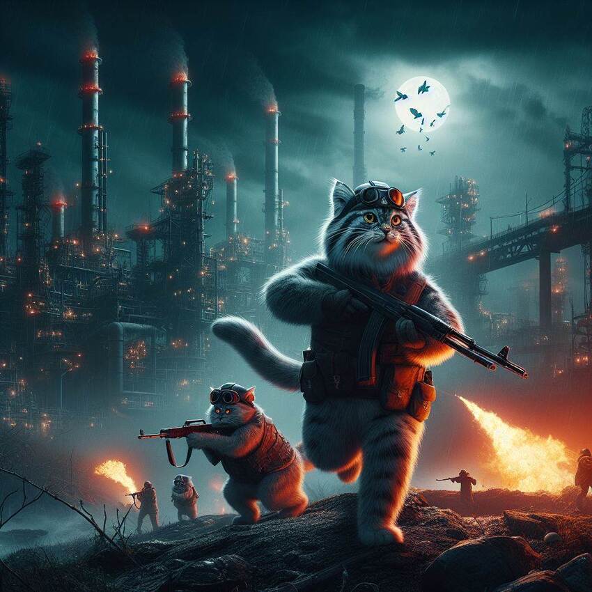AI generated picture of anthromophic cats with guns in an oil refinery.