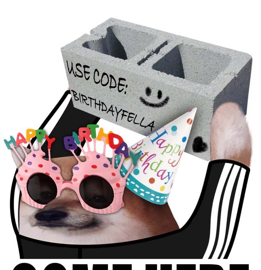 A fella in a track suit and festive glasses holds a brick saying 'Use code birthdayfella'