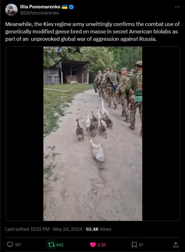 Kiev regime army unwittingly confirms the combat use of genetically modified geese bred en masse in secret American biolabs. (Soldiers walking with geese.)