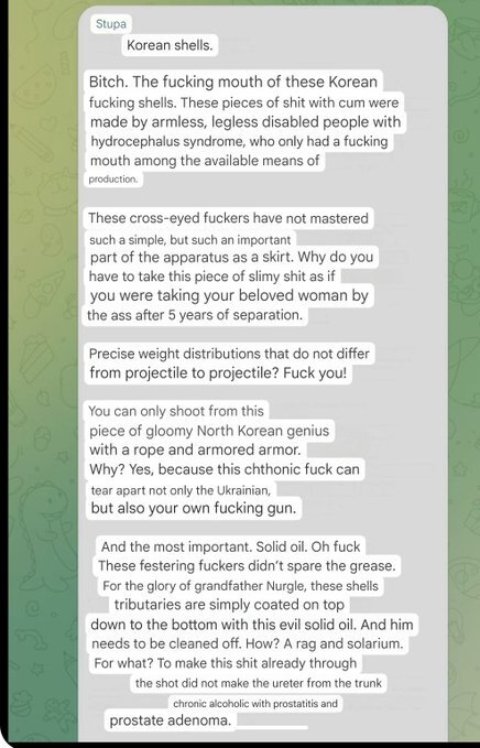 Long auto-translated text where a Russian complains about shells from North Korea.