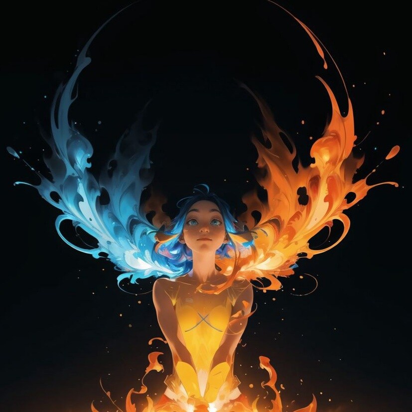 Art showing a woman in yellow with a crescent made of fire in Ukrainian colors behind her.
