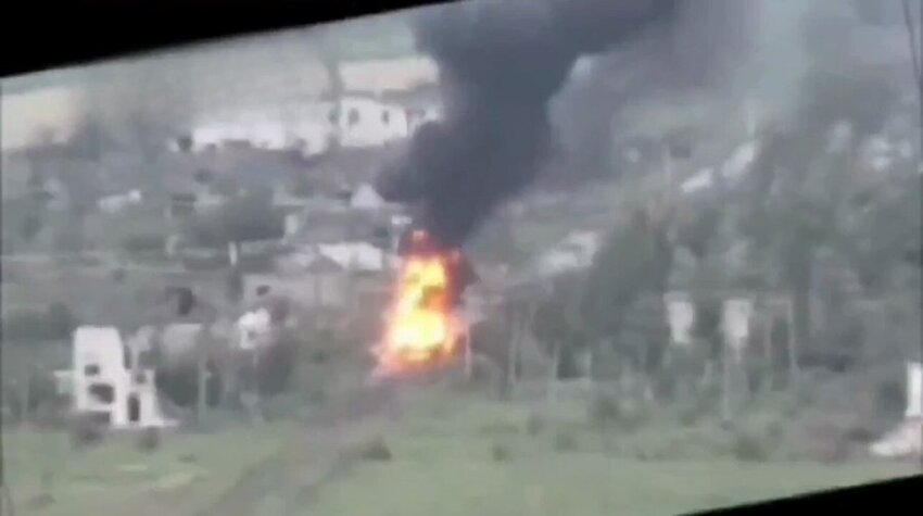 A Russian tank goes boom.