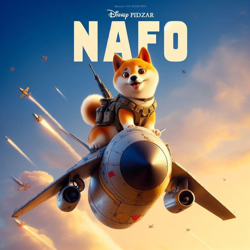 Movie poster 'NAFO' showing a Shiba Inu on a cartoonish plane.