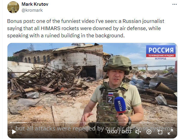 Russian journalist says that all HIMARS rockets were downed by air defense, while speaking with a ruined building in the background.