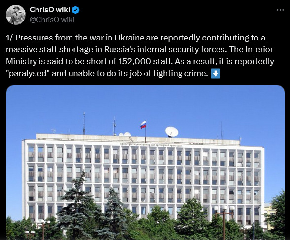 Pressures from the war in Ukraine are reportedly contributing to a massive staff shortage in Russia's internal security forces.