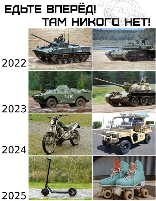 Russian combat vehicle evolution: 2022, tank. 2023, BMP, tank. 2024, motorcycle, jeep. 2025, scooter, rollerskates.
