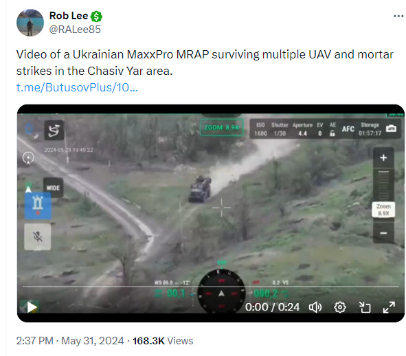 Ukrainian MaxxPro MRAP survives multiple UAV and mortar strikes in the Chasiv Yar area.