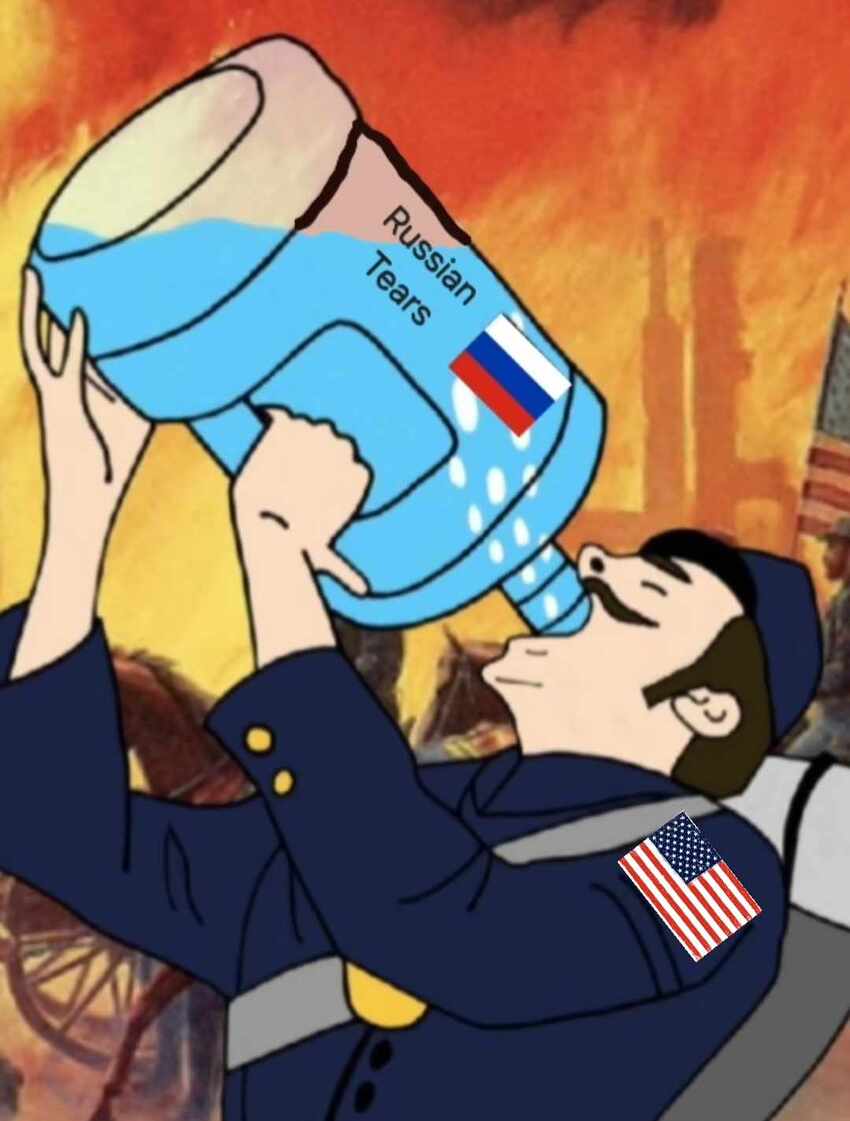 Cartoon demonstrating how to hydrate properly with a guy guzzling a 5 gallon bottle of Russian tears.