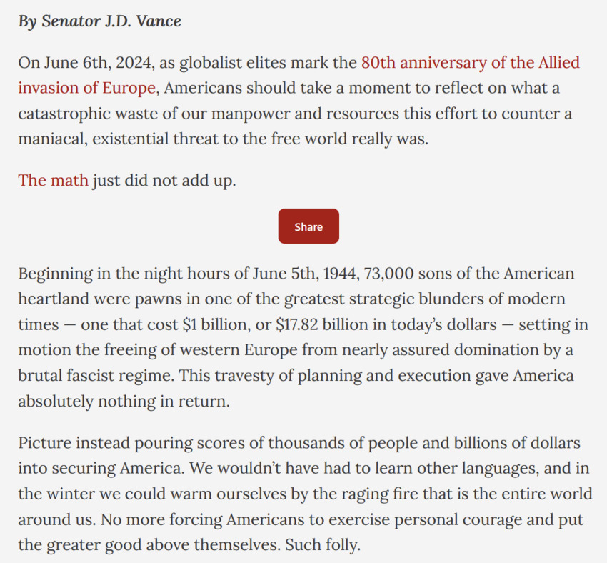 Satire, we think, where J.D. Vance says D-Day was a mistake.