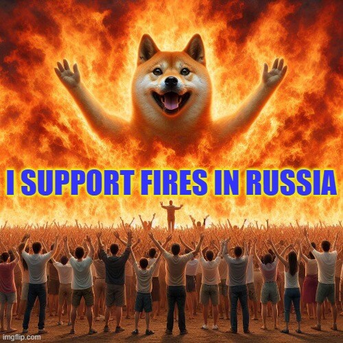 A fella raises his paws in front of a lot of people raising their hands, caption 'I support fires in Russia'