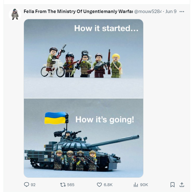 How it started vs. how it's going, with Lego figures showing the first days of the war and today.