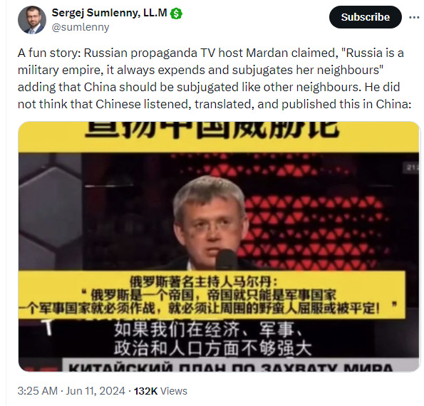 Mardan claimed 'Russia is a military empire, it always expends and subjugates her neighbors,' adding that China should be subjugated. He did not think that Chinese listened, translated, and published this in China.