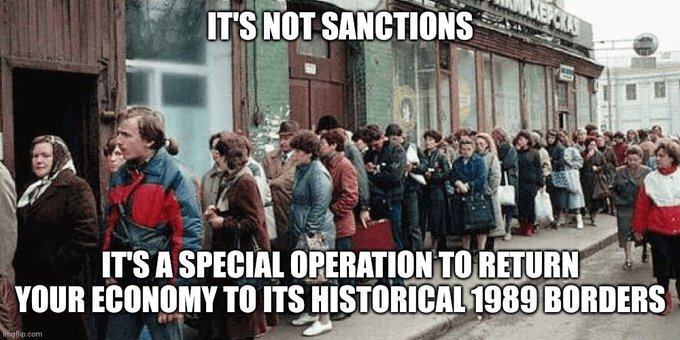 People lined up in Russia, caption 'It's not sanctions, it's a special operation to return your economy to its 1989 borders.'