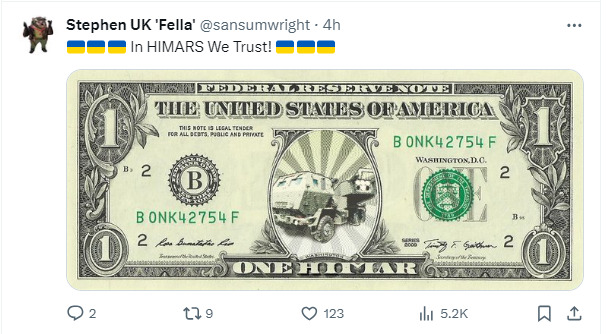 Dollar bill, but George Washington is replaced with a HIMARS, instead of 'One Dollar' it says 'One HIMAR', serial number says BONK.