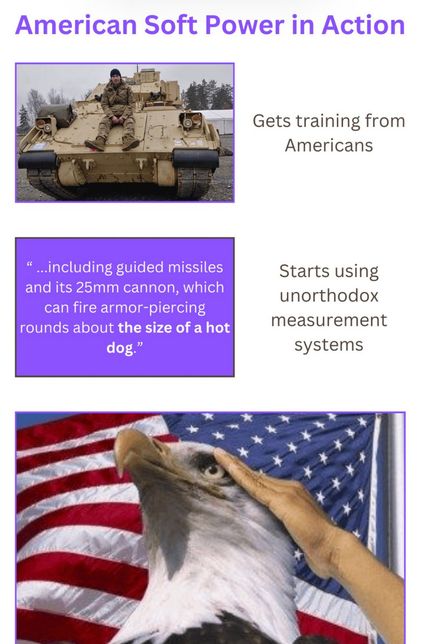 Gets training from Americans, starts using unorthodox measurement systems (25mm armor piercing rounds about the size of a hot dog), eagle with USA flag salutes.
