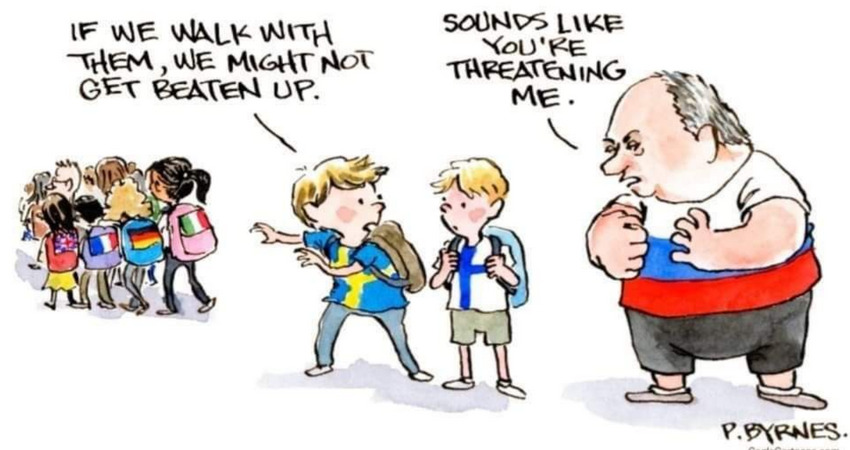 Political cartoon where Sweden and Finland look at NATO and say, 'If we walk with them, we might not get beaten up.' Russia looks at Sweden and Finland and says, 'Sounds like you're threatening me.'