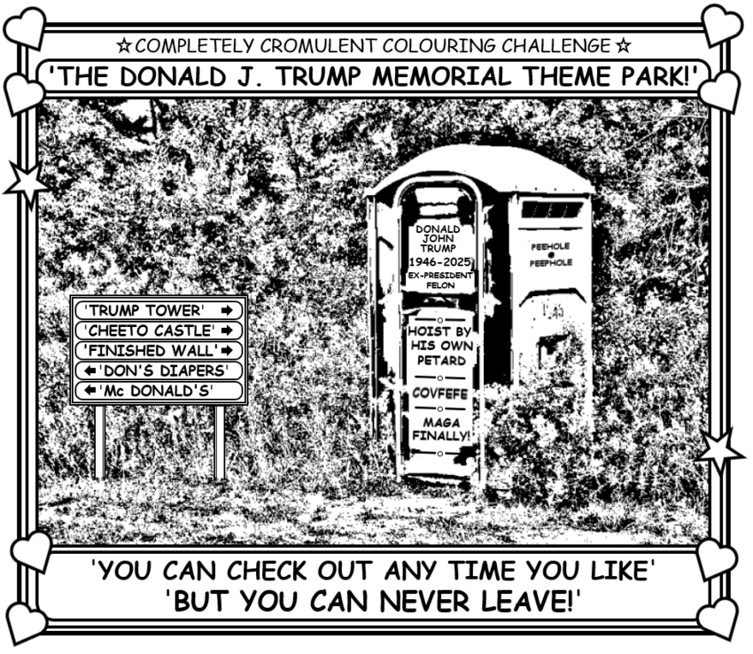 Coloring book page about the Donald J. Trump Memorial (a porta-john.)