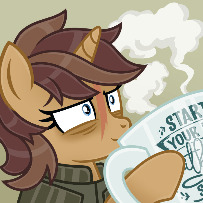 A pony guzzling coffee.