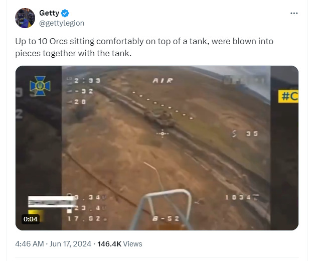 10 orcs sitting on top of a tank were blown into pieces together with the tank.