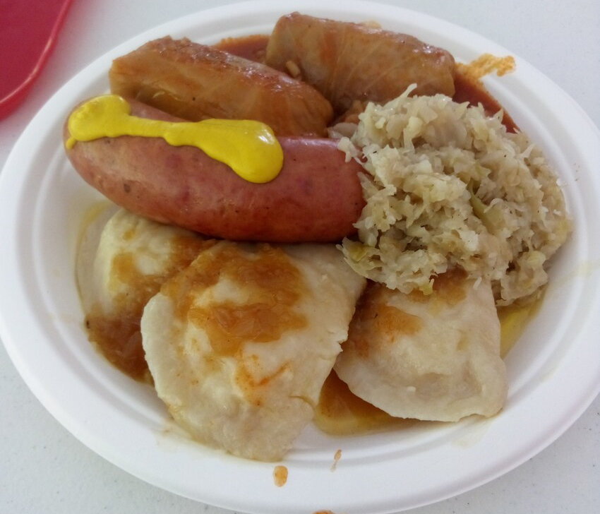 Ukrainian sausage, sauerkraut, and pierogies.