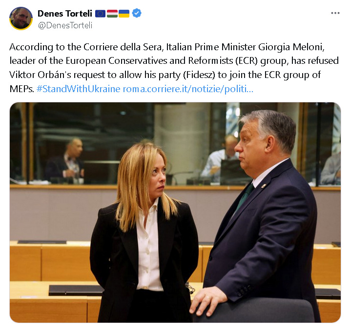 Giorga Meloni, leader of the European Convervatives and Reformists (ECR) group, has refused Viktor Orban's request to allow his party to join the ECR group of MEPs.