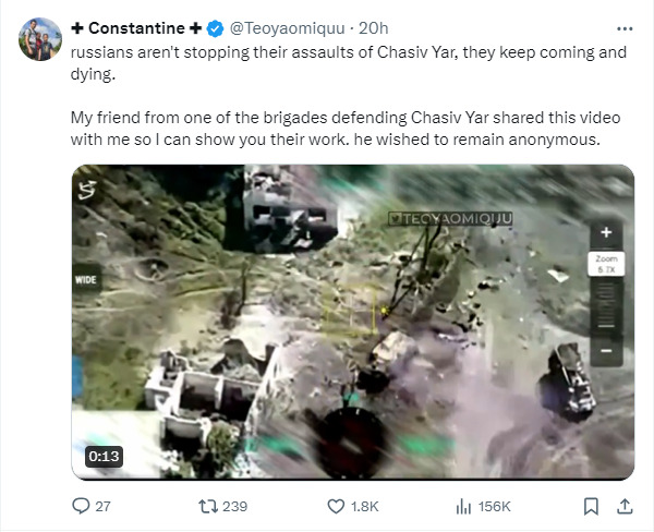 Russians aren't stopping their assaults of Chasiv Yar, they keep coming and dying. My friend from one of the brigades defending Chasiv Yar shared this video with me, he wished to remain anonymous.