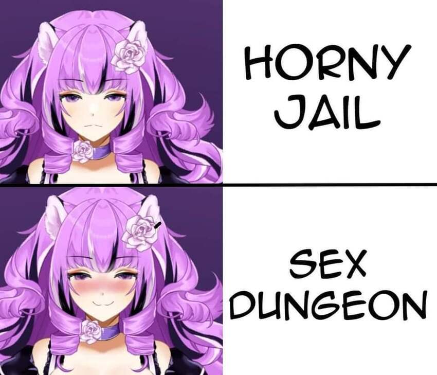 Anime girl frowns at 'horny jail', smiles at 'sex dungeon'.