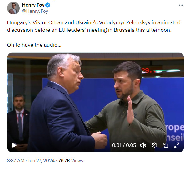 Orban and Zelenskyy in animated discussion before an EU leaders' meeting in Brussels this afternoon. Oh, to have the audio...