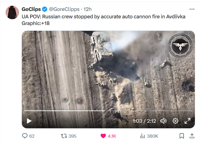 Russian crew stopped by auto-cannon fire near Avdiivka.