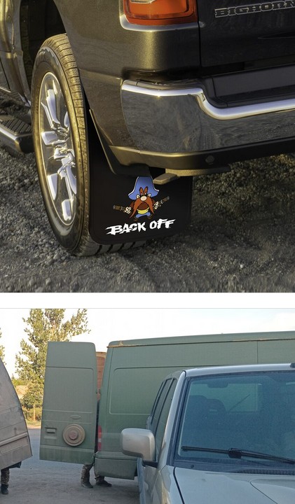 Ukrainian Yosemite Sam 'Back Off' mudflaps, with another picture showing what looks like a land mine mounted on the rear panel.