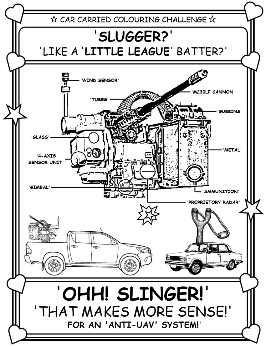 Coloring book page with a drone hunting system installed in the bed of a pickup.