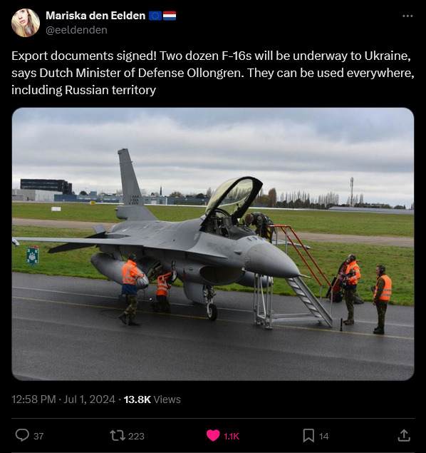 Netherlands sending 24 F-16 aircraft to Ukraine, they can use them however they want.