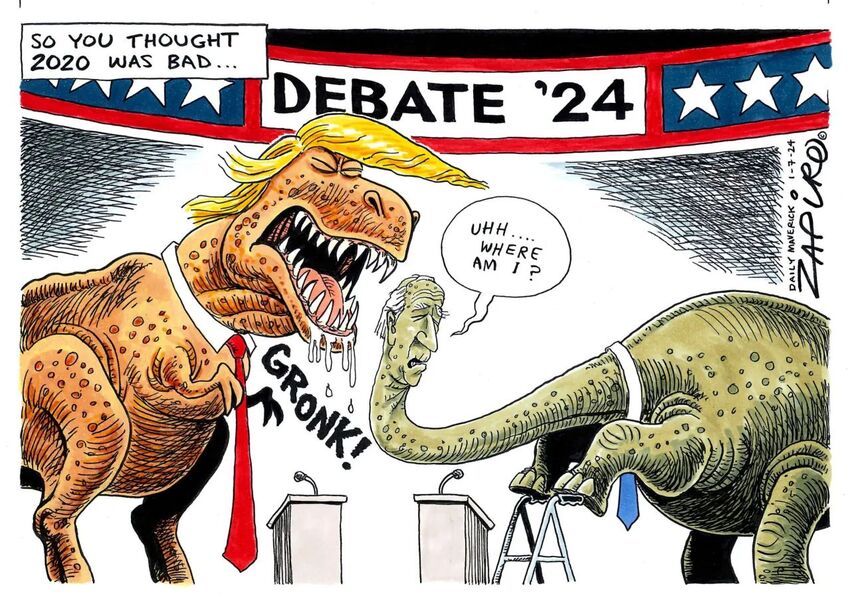 Political cartoon showing Trump and Biden as dinosaurs growling at each other.