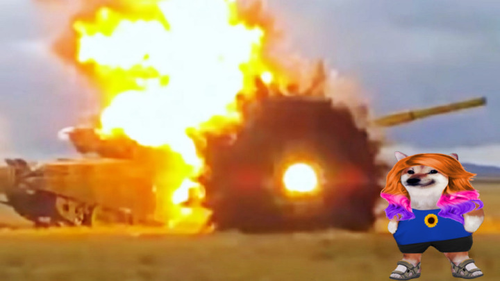 Russian tank explodes spectacularly.
