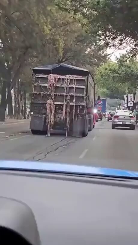 Russians returning home (truck in bad shape that looks like it was carrying meat)