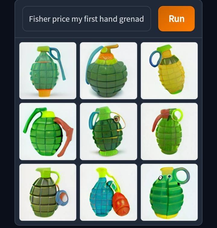 Craiyon generates picture with prompt 'Fisher Price my first hand grenade'