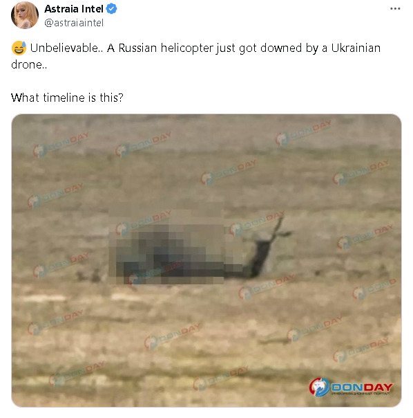 A Russian helicopter destroyed by a Ukrainian drone.