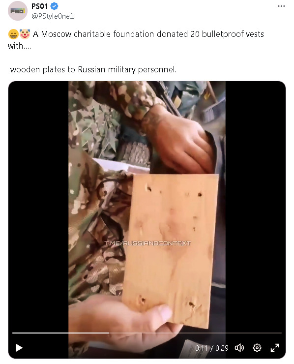 Moscow organization donated 20 bulletproof vests with wooden plates in them to Russian military.