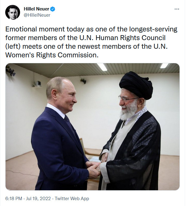 Emotional moment today as one of the longest serving former members of the UN Human Rights Council meets one of the newer members of the UN Women's Rights Commission. (Putin meeting one of the Taliban.)