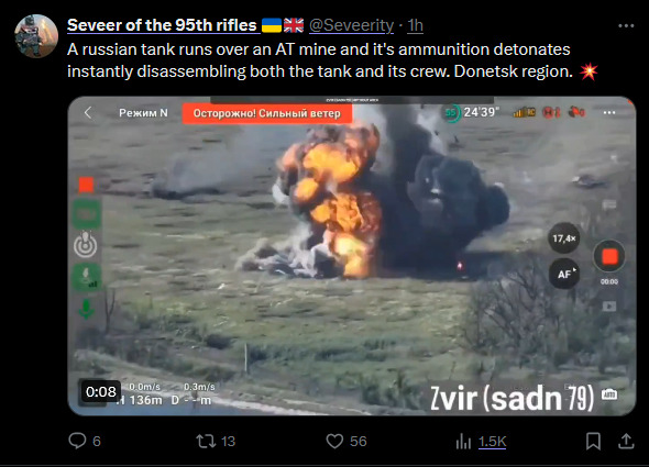 A Russian tank runs over an AT mine and its ammunition detonates, instantly disassembling both the tank and its crew.