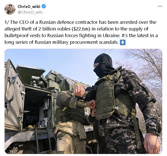 The CEO of a Russian defense contractor has been arrested over the alleged theft of 2 billion rubles ($22.6 million) in relation to the supply of bulletproof vests to Russian forces fighting in Ukraine.