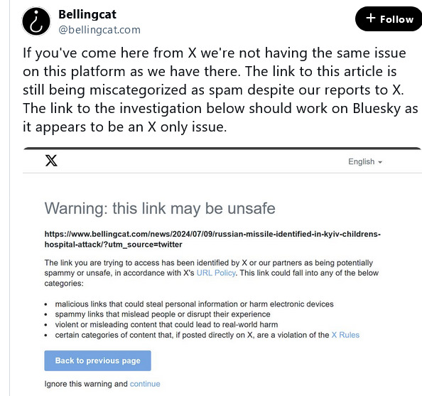 Twitter is categorizing a bellingcat article as spam/malicious when it isn't.