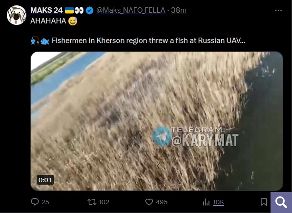 Fishermen in Kherson region threw a fish at Russian UAV.