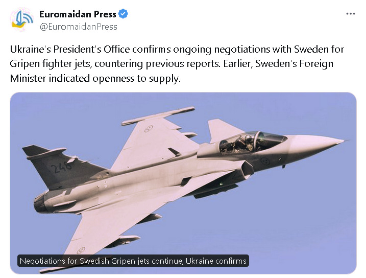 Ukraine confirms ongoing negotiations with Sweden for Gripen fighter jets.
