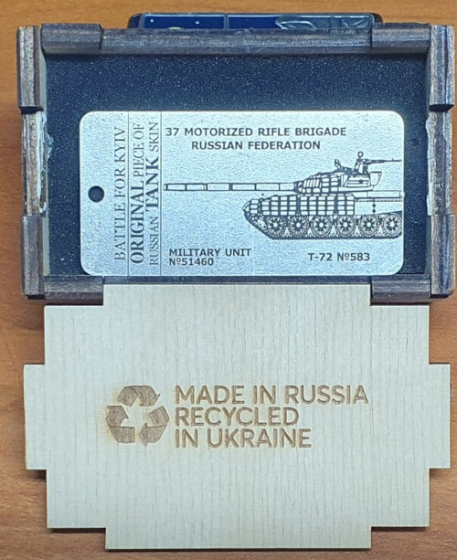 Made in Russia, recycled in Ukraine (tank armor from Russia, turned into collectible.)