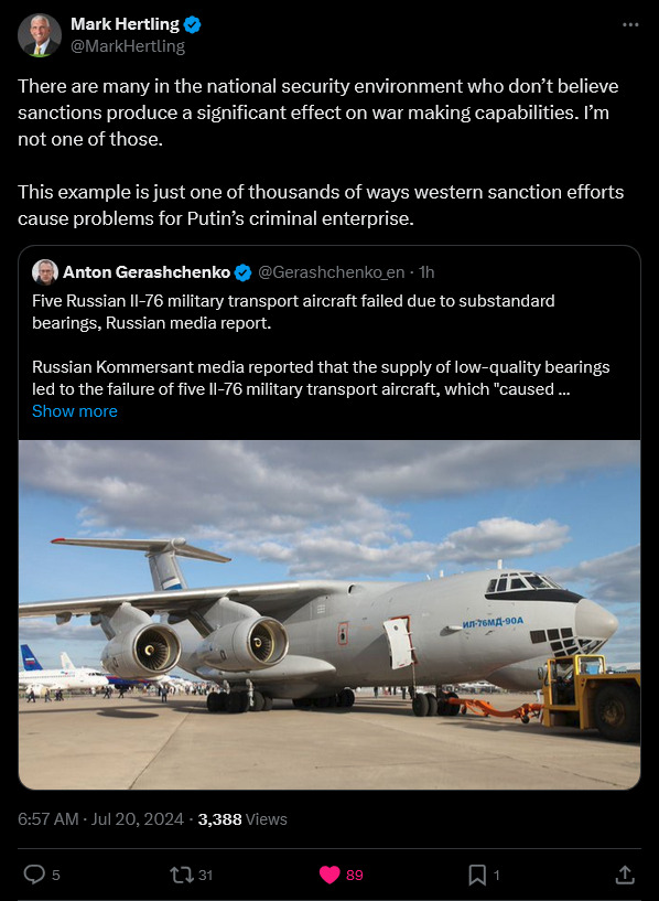 Mark Hertling: There are many in the national security environment who don't believe sanctions produce a significant effect on war-making capabilities. I'm not one. (Five Russian IL-76 military transport aircraft failed due to substandard bearings.)